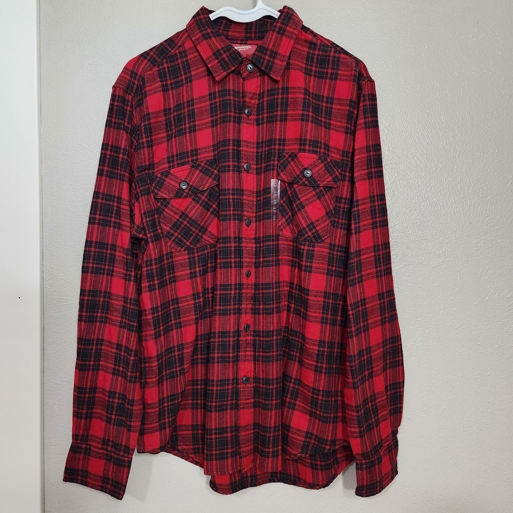 Arizona Jean Company Men's Medium Plaid Long‎ Sleeve Shirt Rustic Red Black